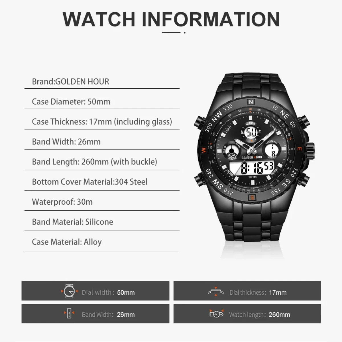 GOLDENHOUR Luxury Blue Men Watch Military Tactical Industrial Waterproof LED Digital Analog Dual Time Sport Silicone Wristwatch