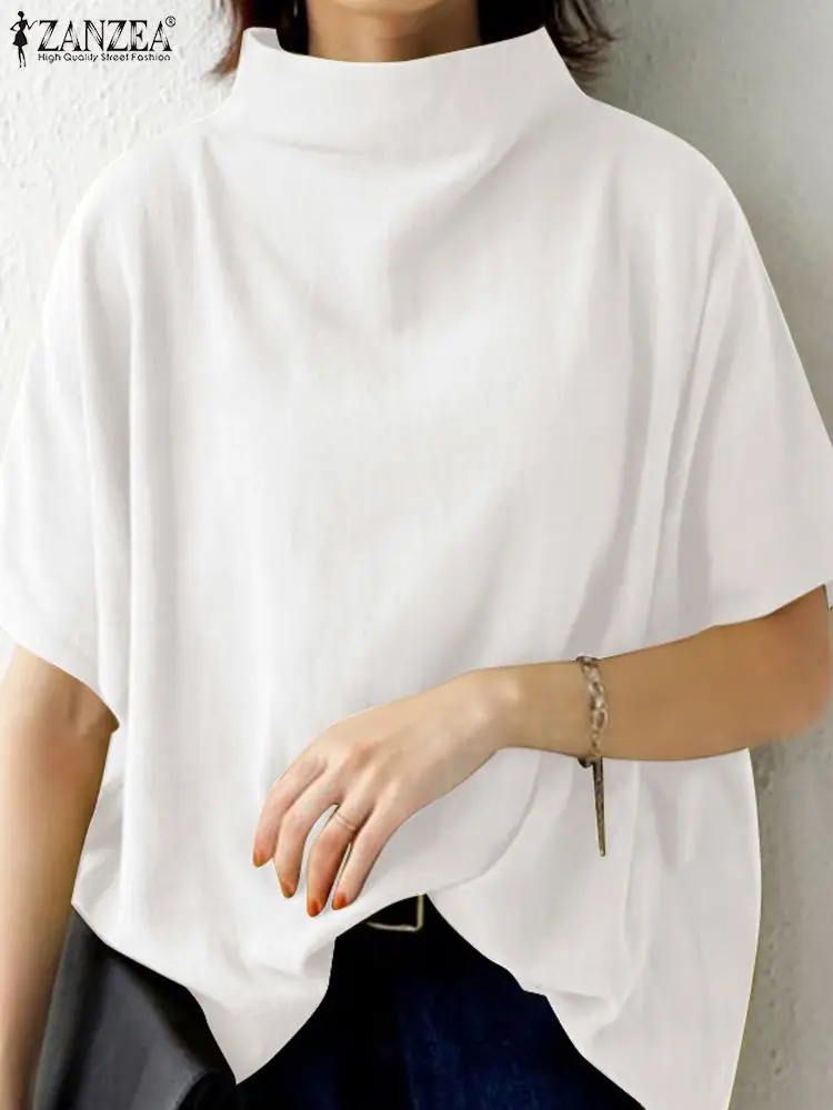 ZANZEA Fashion White Shirts Summer Women Turtleneck Blouse Causal Short Sleeve Blusas Baggy Cotton Tops Back Zipper Chemsie