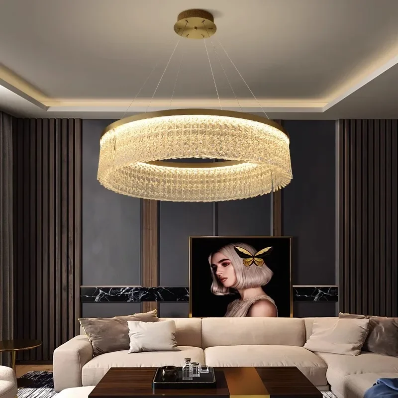 

Round/oval chandelier, gold stainless steel body, water grain glass luster, suitable for hotel, hall room decoration