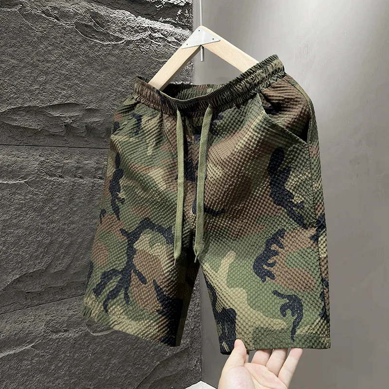 Casual Seersucker Textureกางเกงขาสั้นQuick-Dry Breathableตรงเอวยางยืดพิมพ์Streetวันหยุดกางเกงขาสั้นหลวมFitกางเกงขาสั้น