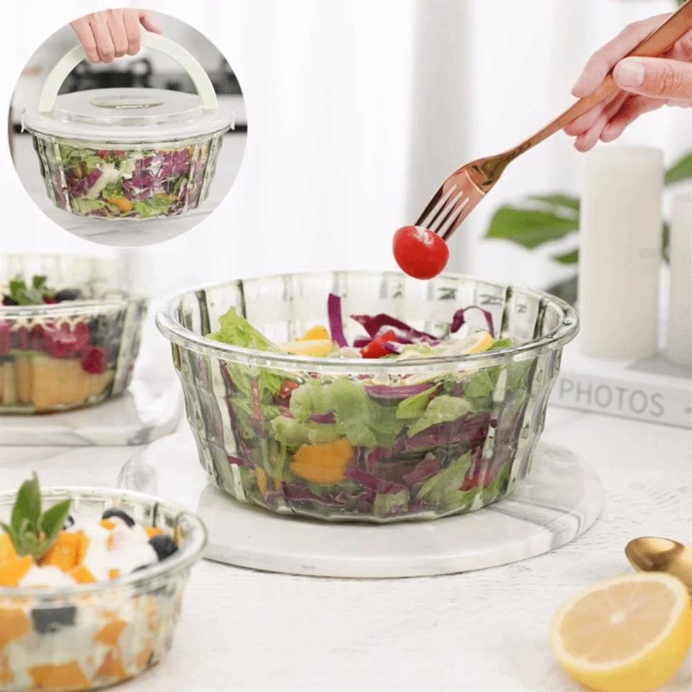 

3PCS Stripe Pattern Food Preservation Box Set Transparent Folding Handle Food Keeping Container Round/Square Food Grade Plastic