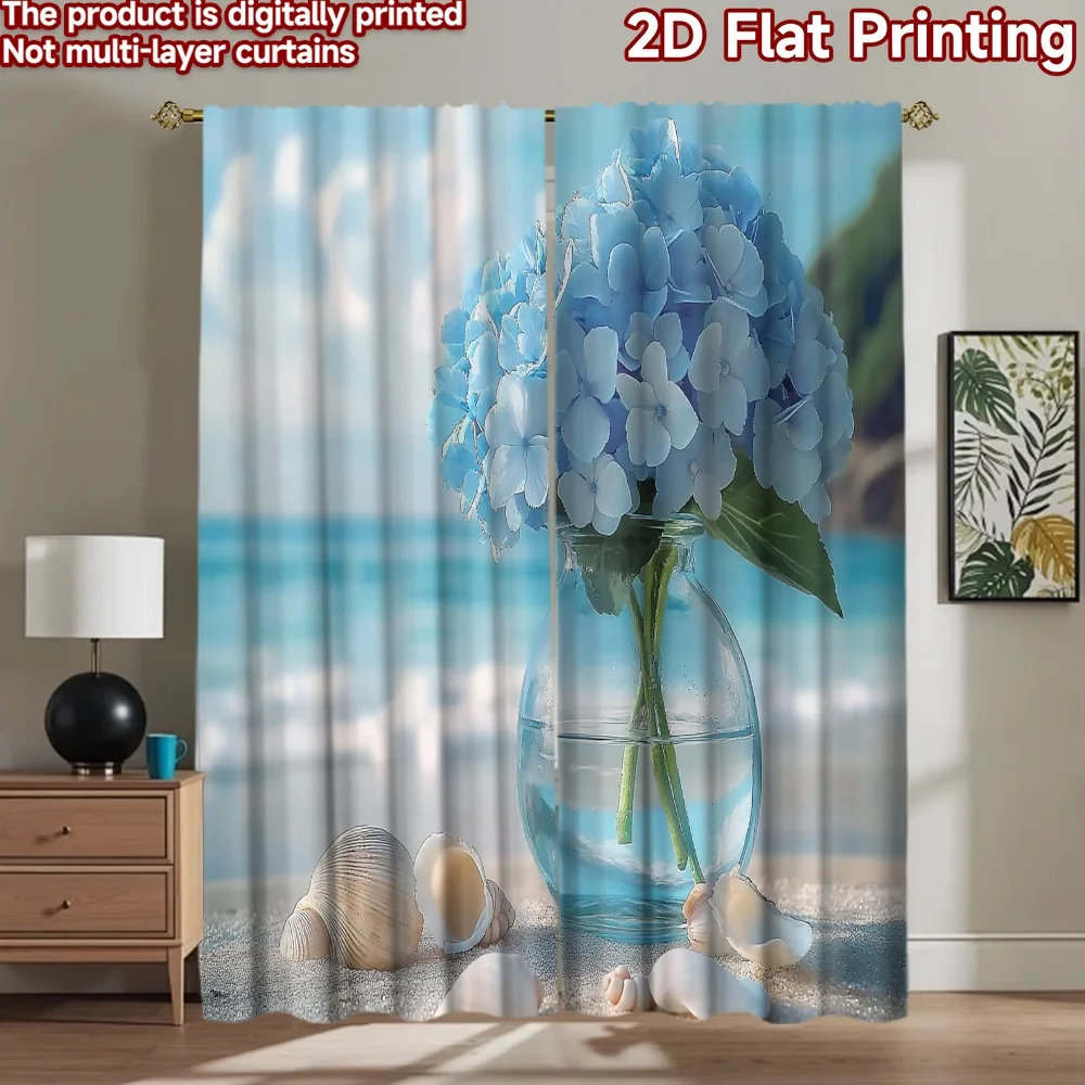 2D flat 2pcs Curtain Retro Country Style Blue Hydrangeas by the Sea Digitally printed polyester Party Decorations for Event