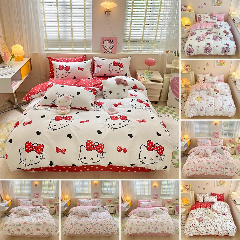 Sanrio Hello Kitty Bedding Set Cute Cotton Four Piece Double Queen Size Pillowcase Bed Linens Girl Dorm Bedclothes Home Textile