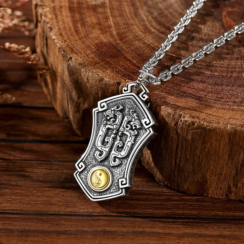 Silver-Plated Quan Taoist Nine-Character Mantra Retro Personality Trendy Men'S Pendant Necklace Fashi