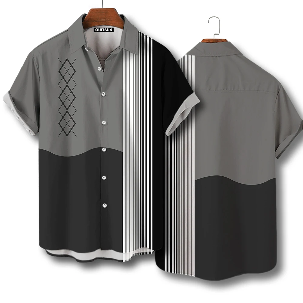Checkered Stripe Shirt Men's Casual Short Sleeved Top Summer Hawaiian Shirts For Male Oversized Streetwear Original Men Clothing