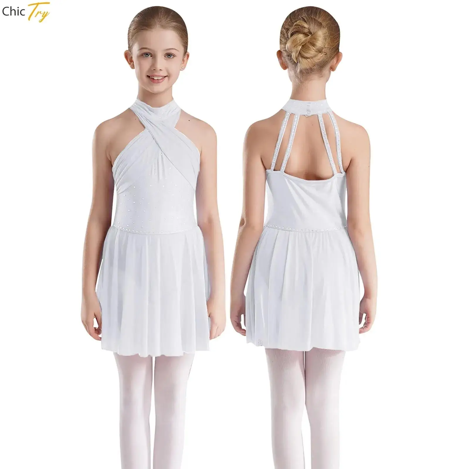 

Kids Girls Ballet Gymnastics Leotard Lyrical Dance Tutu Dress Backless Rhinestone Figure Skating Stage Performance Costume