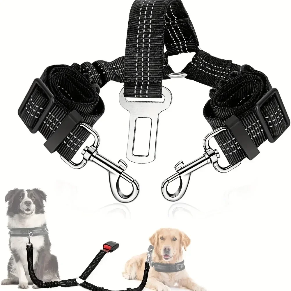 

Double Dog Safety Seat Belt Adjustable Elastic Car Harness Seat Belt with Shock Reflective Dog Car Restraint for Pet Safety Belt