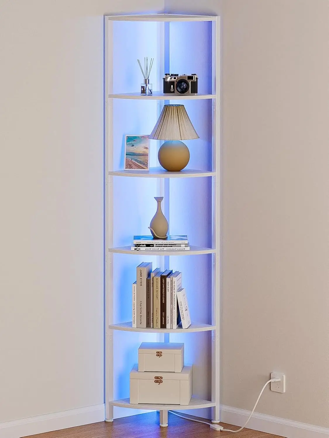 6 Tier Corner Shelf with LED Light, White Narrow Bookshelf with Storage Rack for Wall Corner, Living Room