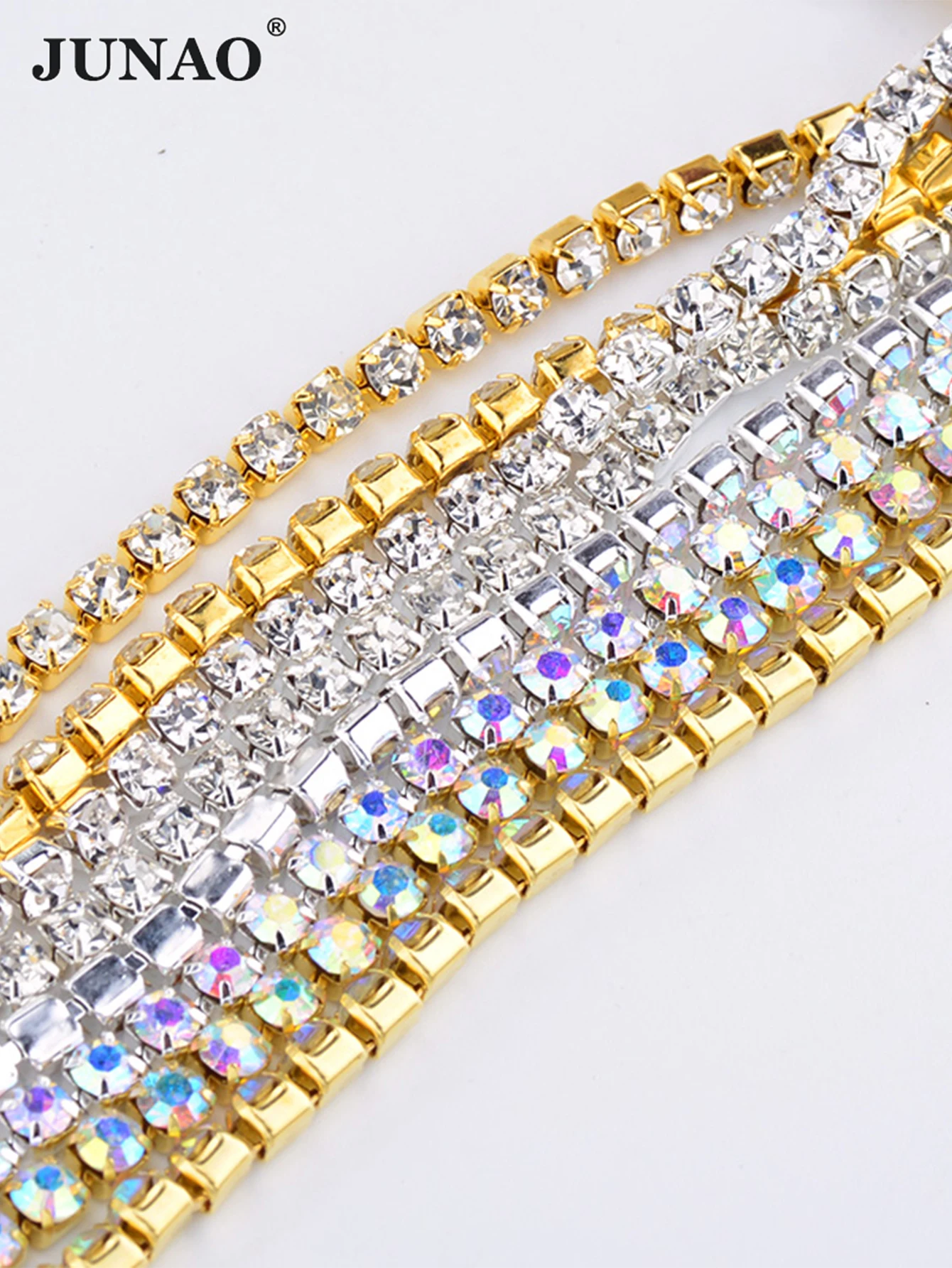 JUNAO SS6 8 10 12 16 18 Clear AB Glass Rhinestones Chain Crystal Ribbon Silver Metal Trim Strass Banding for Clothes Crafts