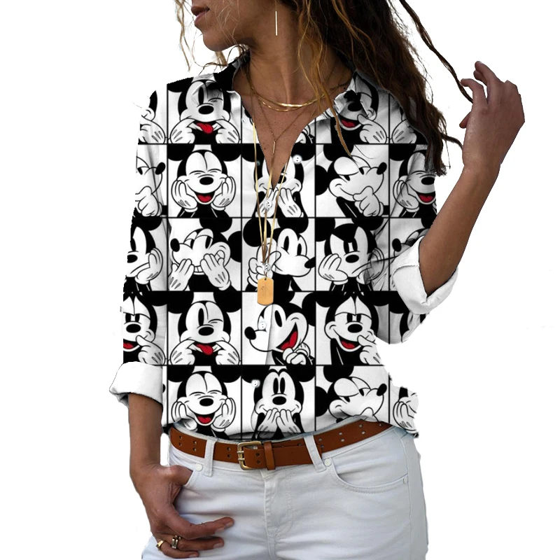 New Mickey Minnie Harajuku Slim Fit 3D Print Women's Button Down Long Sleeve Lapel Casual Cute Single Breasted Shirt y2k