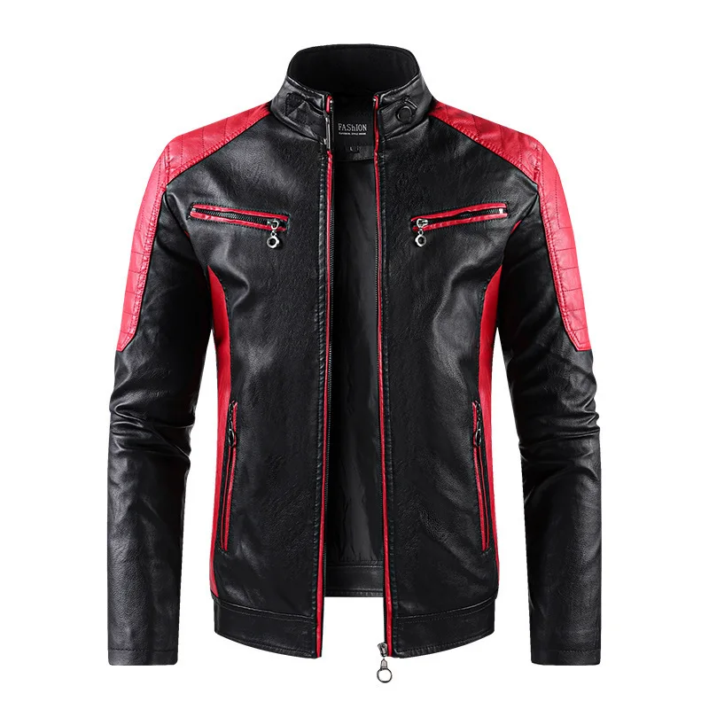 Prowow Motorcycle Equipment Leather Jacket Color-blocking Stand-up Collar PU Leather Motorcycle Jacket Casual Leather Jacket