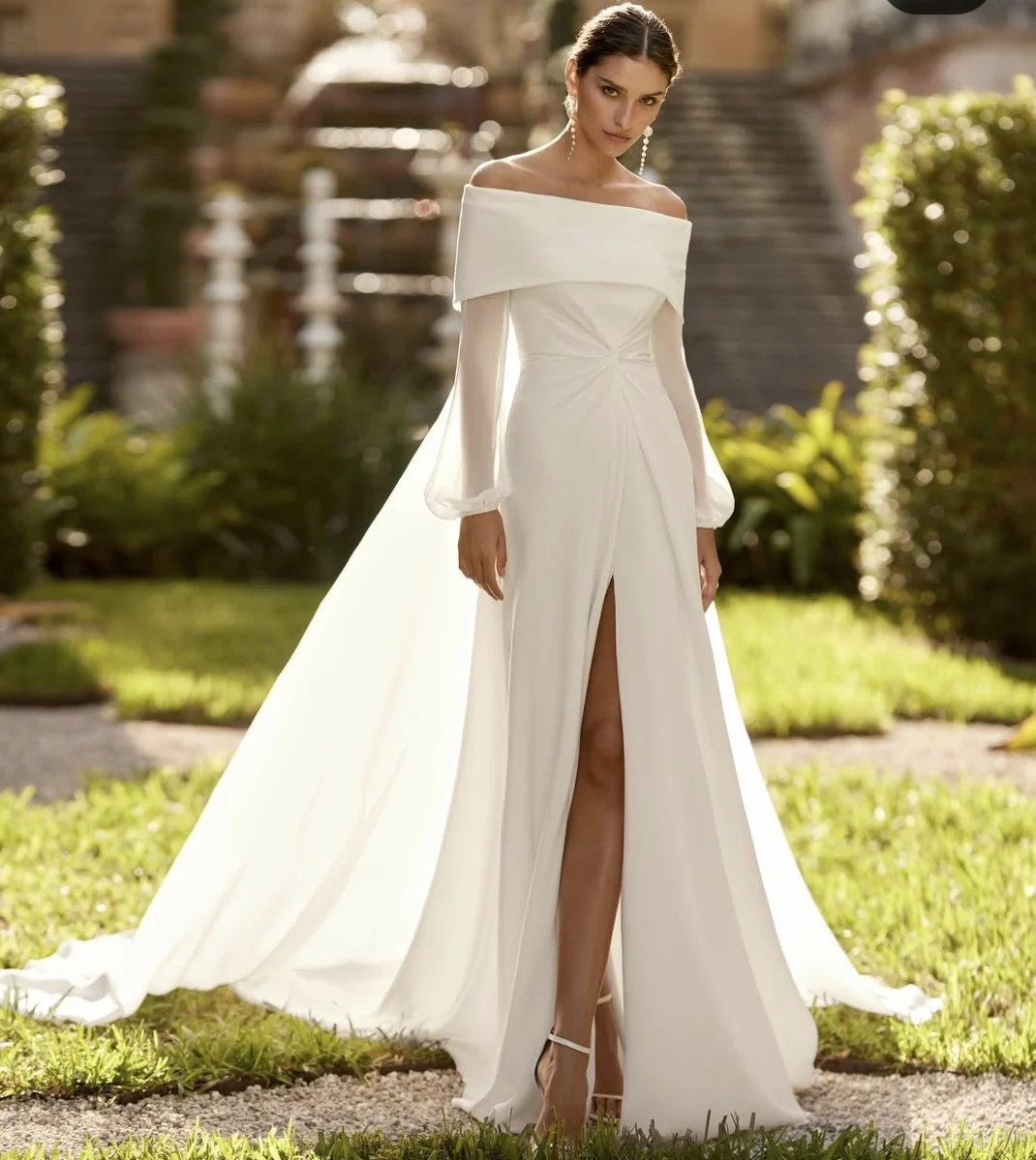 

2025 Wedding Dresses Soft Satin Off The Shoulder Memaid Off The Shoulder Long Simple Puff Sleeves Side Slit With Cape Robe