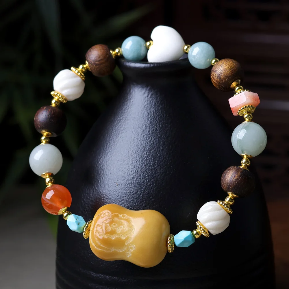 Charcoal Burned Tagua Nut Bracelet with Antler Heart South Red Agate Tianshan Jasper and Agarwood Beads for Women Gifts