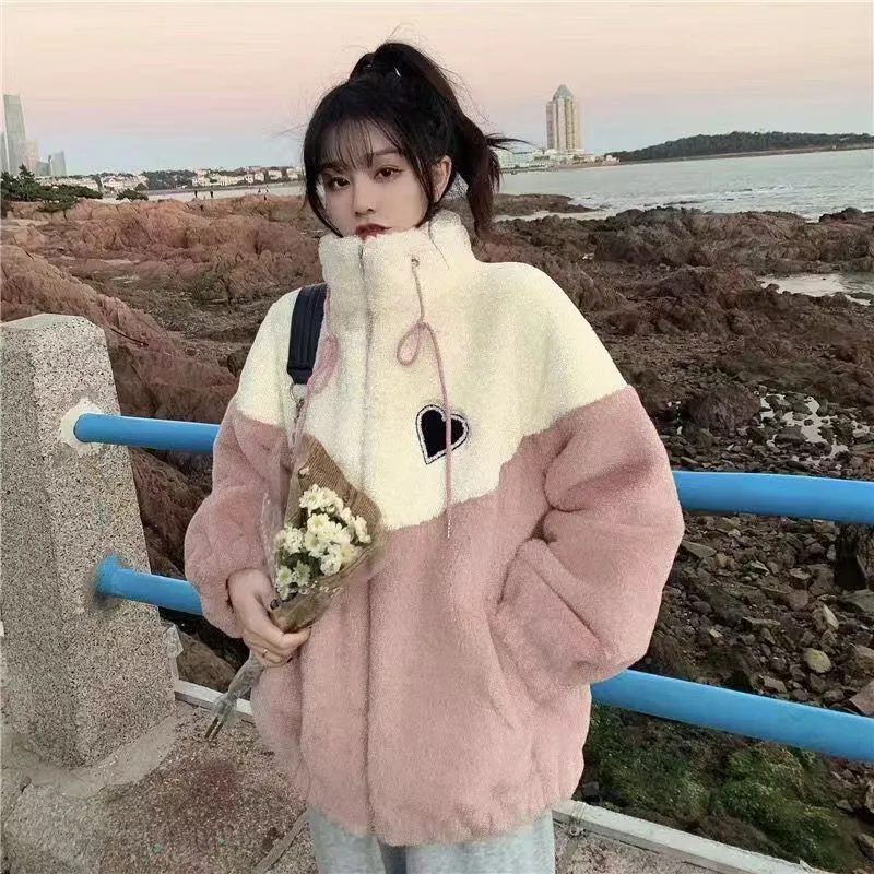 Loose Fit Patchwork Coat Sweet and Fresh with Zipper Closure Stand Collar Regular Sleeve Single Applique Thick for Women