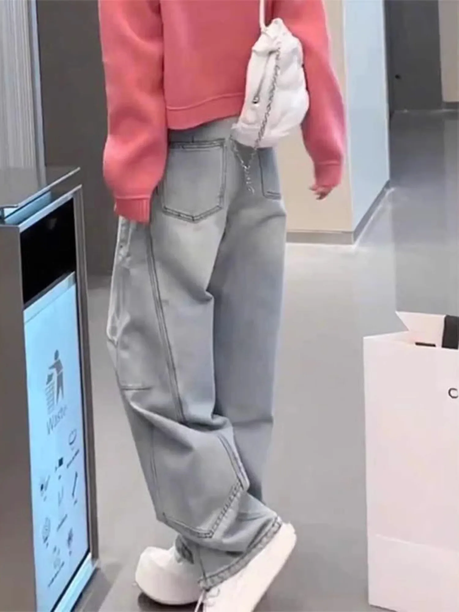 Women's Light Grey High Waisted Baggy Jeans Y2K Wide Leg Denim Pants with Elastic Waist & Side Seam Streetwear Loose Trousers