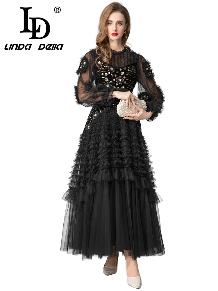 فستان LD LINDA DELL شبكي مزين بالترتر لحفلات العشاء ورقبة دائرية وأكمام طويلة ومطرز بحافة مكشكشة فستان نسائي عصري