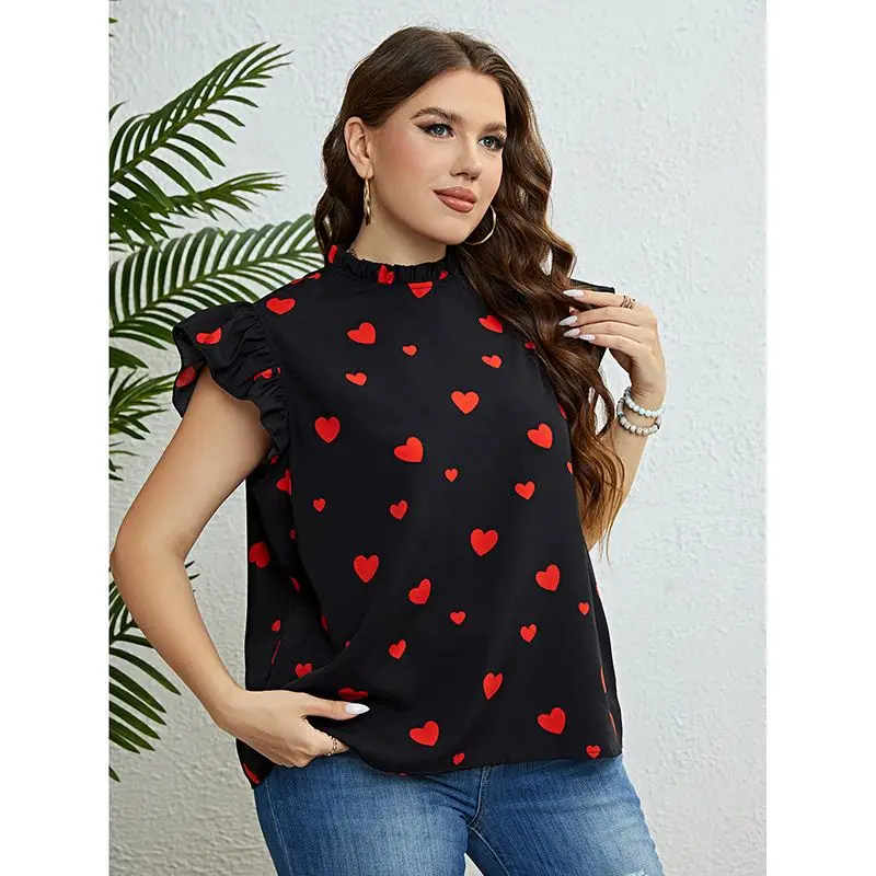 Summer Casual Tops plus Size Heart Print Women irt round Ne ort Sve Floral Print Maxi Dr Other Material 00%