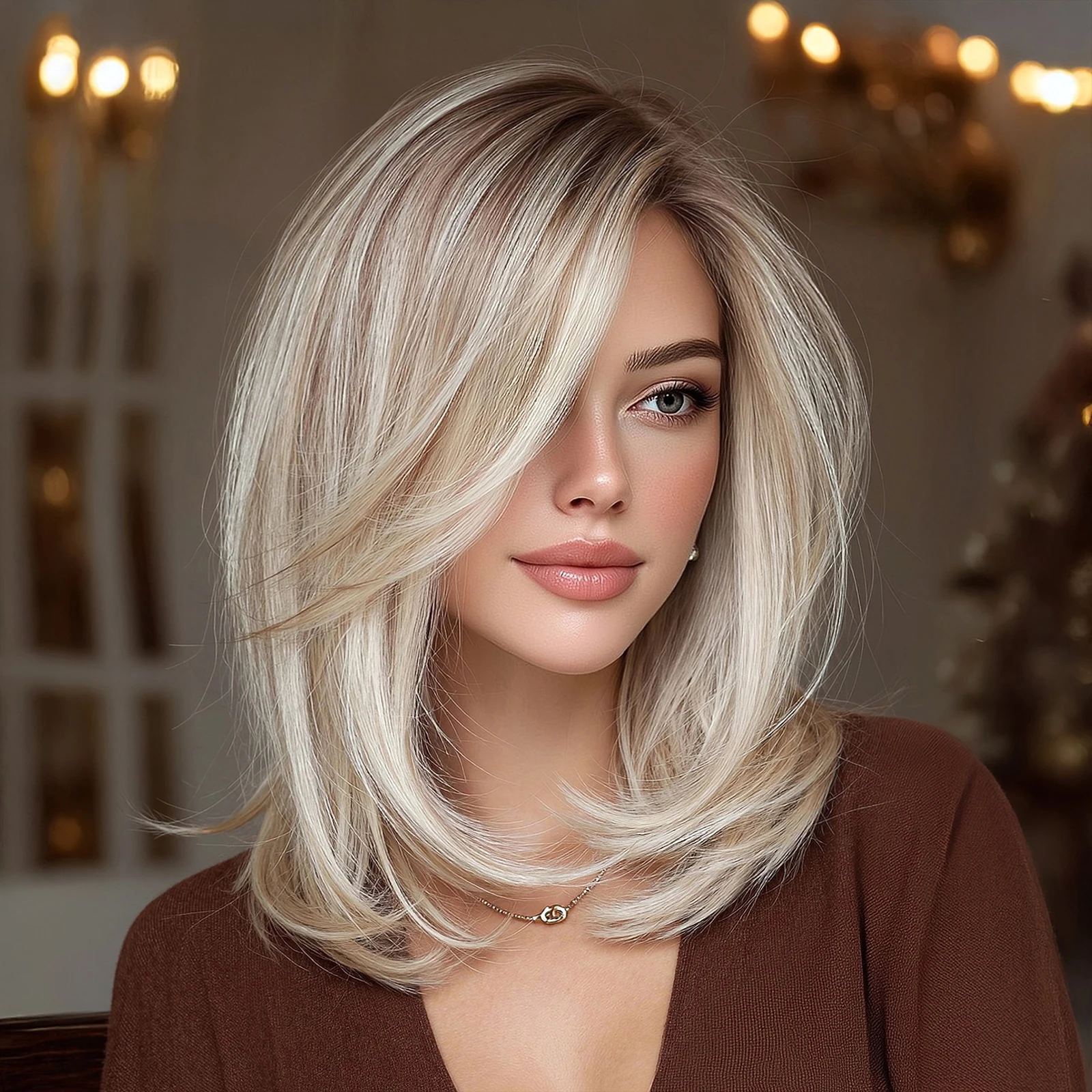 Halloween Wig Blonde Straight Wig for Woman Synthetic Wig Heat Resistant Fiber 14 inch Medium Length Bob Wig Gray Blonde Middle Part Wig Ombre Blonde with Dark Roots Short Layered Bob Wig for Cosplay Party Costume Soft Natural Looking Daily