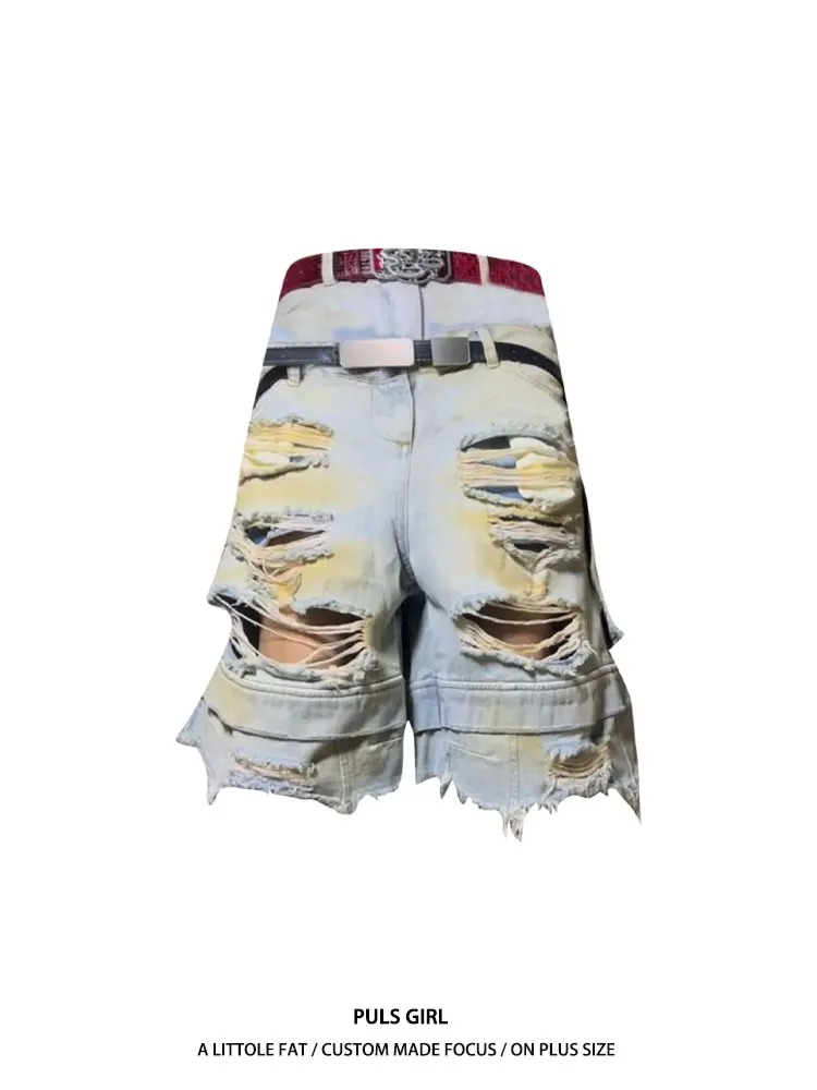 

American Style plus Size Denim Shorts Women's Loose Casual High Waist Torn Washed out Yellow Dirt Dyed Jeans Five-Point Pants