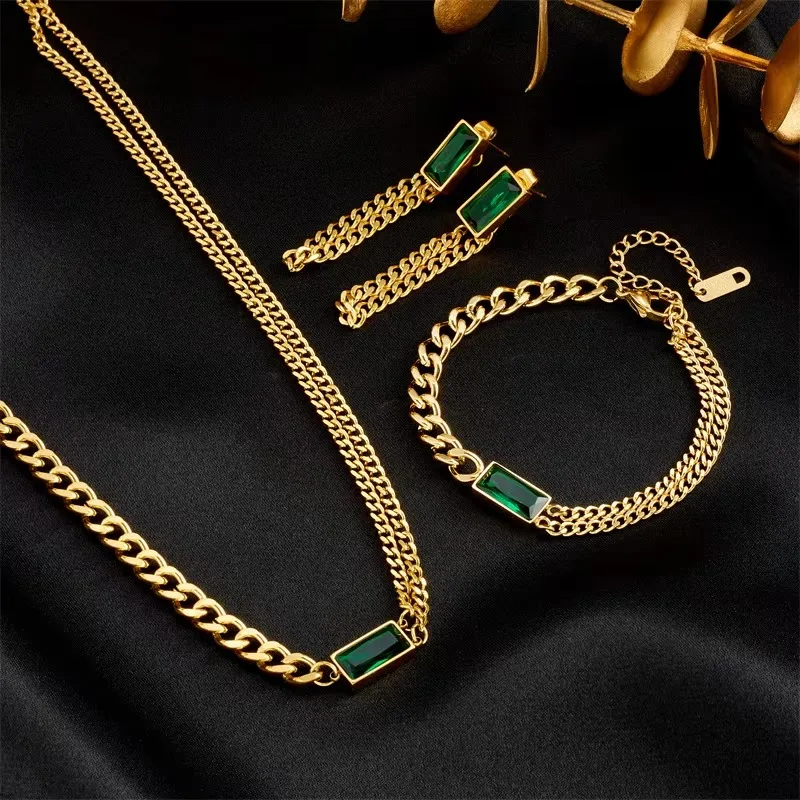 

2024 Luxury Gold Plated Titanium Chain Set with Rectangular Green Diamond Jewelry for Men & Women Unisex Gift Set