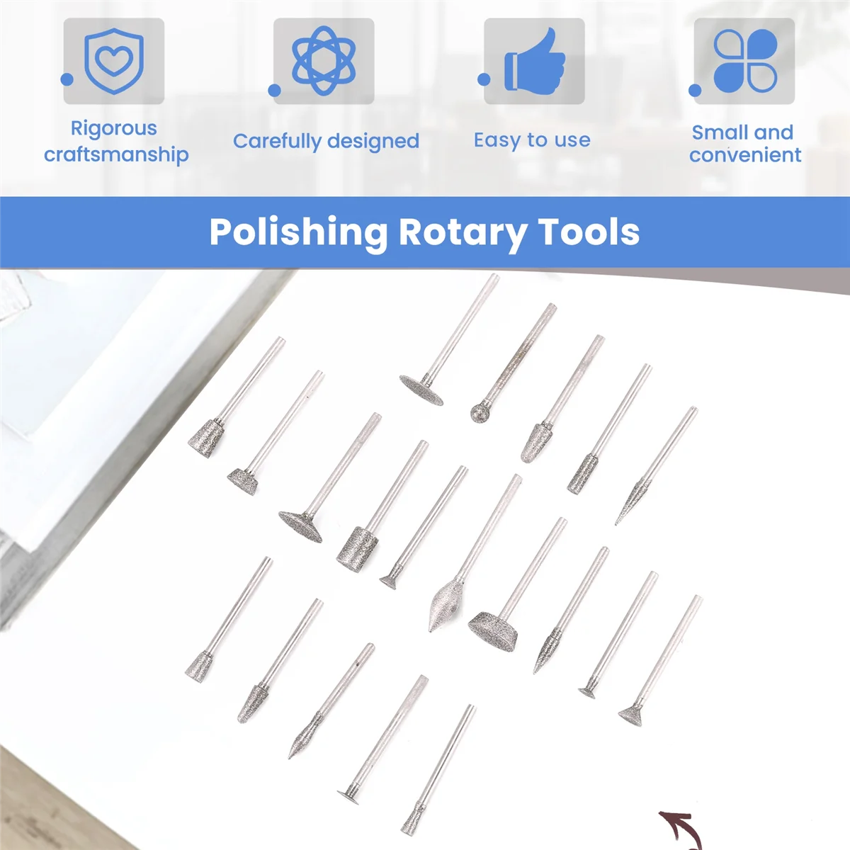 Set Ukiran batu mata bor berlian, 20 buah kit pemoles Aksesori alat putar dengan pisau 1/8 inci untuk ukiran