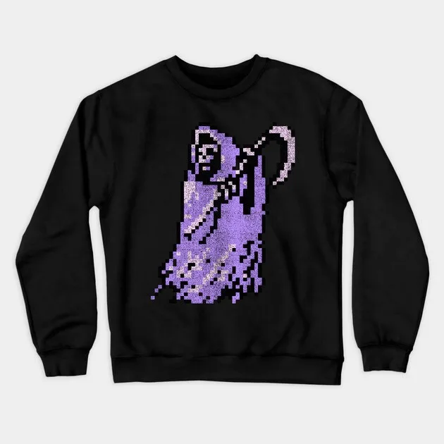 

Autumn Winter Trendy Purple - Hued Pixel Art Grim Reaper Motif Cotton Crew Neck Sweatshirt Versatile and Loose
