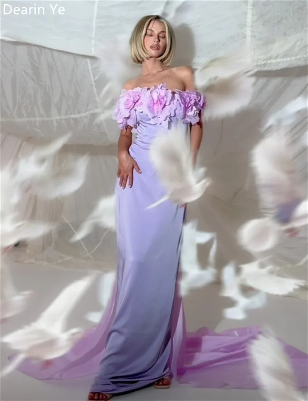 Customized Evening Dress Prom Dearin Off-the-shoulder Column Floor Length Skirts Ruffle Vertically Applique Bespoke Occasion Dre