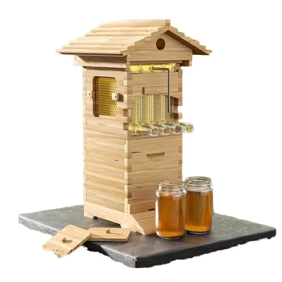 Flowing Bee Hive Mini Bee Hive with 4 Pcs Starter Kit 6-Frames Complete Beehive Kit with Self-Flowing Honey Design