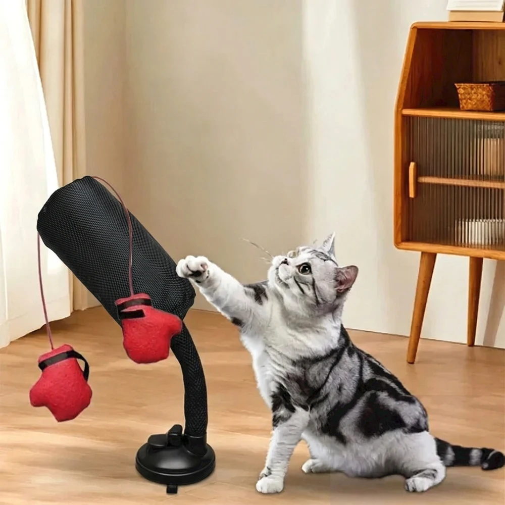 Cartoon Cat Punching Bag Toy with Boxing Gloves Suction Cup Indoor Toy for Kittens and Adult Cats Random Color Shipped Pet