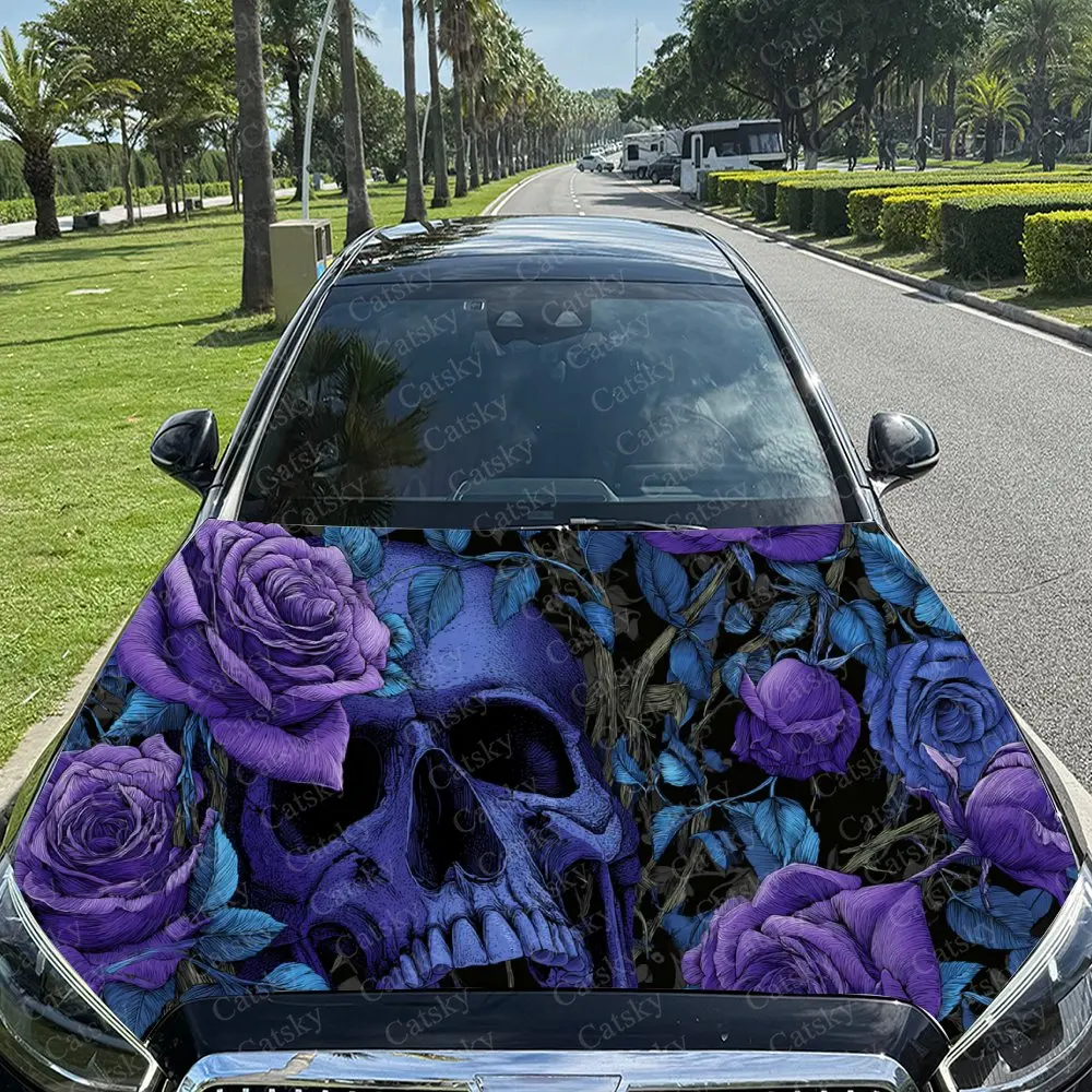 

Car Decal Mysterious Skull in Purple & Blue Floral-Butterfly Dark Gothic Style, Delivering a Bold Visual Impact Car Hood Sticker