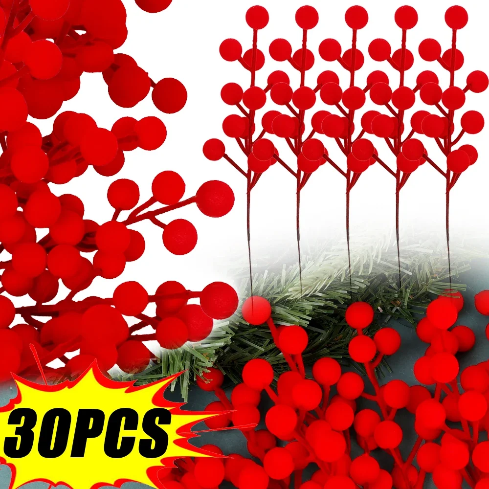 1-30pcs Red Flocking Berries Christmas Artificial Decor 7/12Head Simulation Berry Branch DIY Xmas Tree Wreath Festival Ornaments