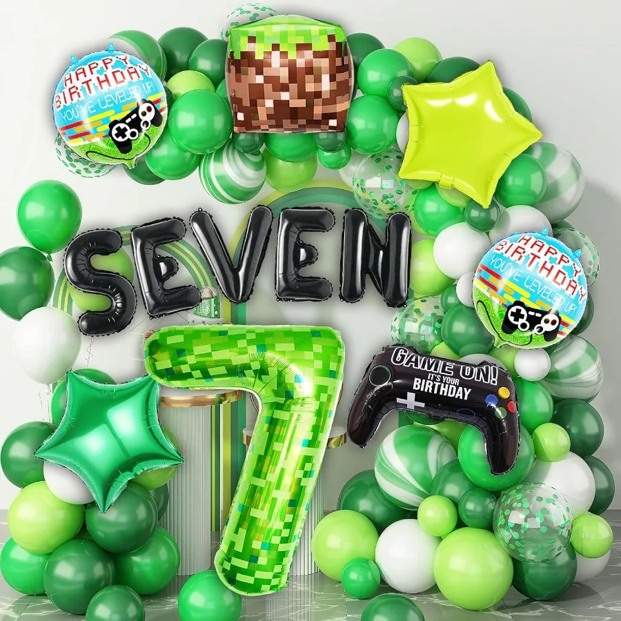 40-дюймовый набор воздушных шаров Green Pixel Miner Number 7, 13 шт., большие воздушные шары из фольги, металлические шары, украшения для тематических вечеринок для видеоигр