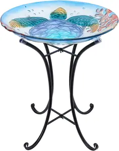 Large Sea Turtle Glass Bird Bath with Metal Stand for Outdoor Garden and Patio Decor in Blue