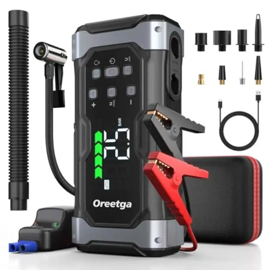 

Пусковое устройство 9000A с компрессором для подкачки/сдувания шин, 9-в-1, портативное, для всех бензиновых и дизельных двигателей до 14 л