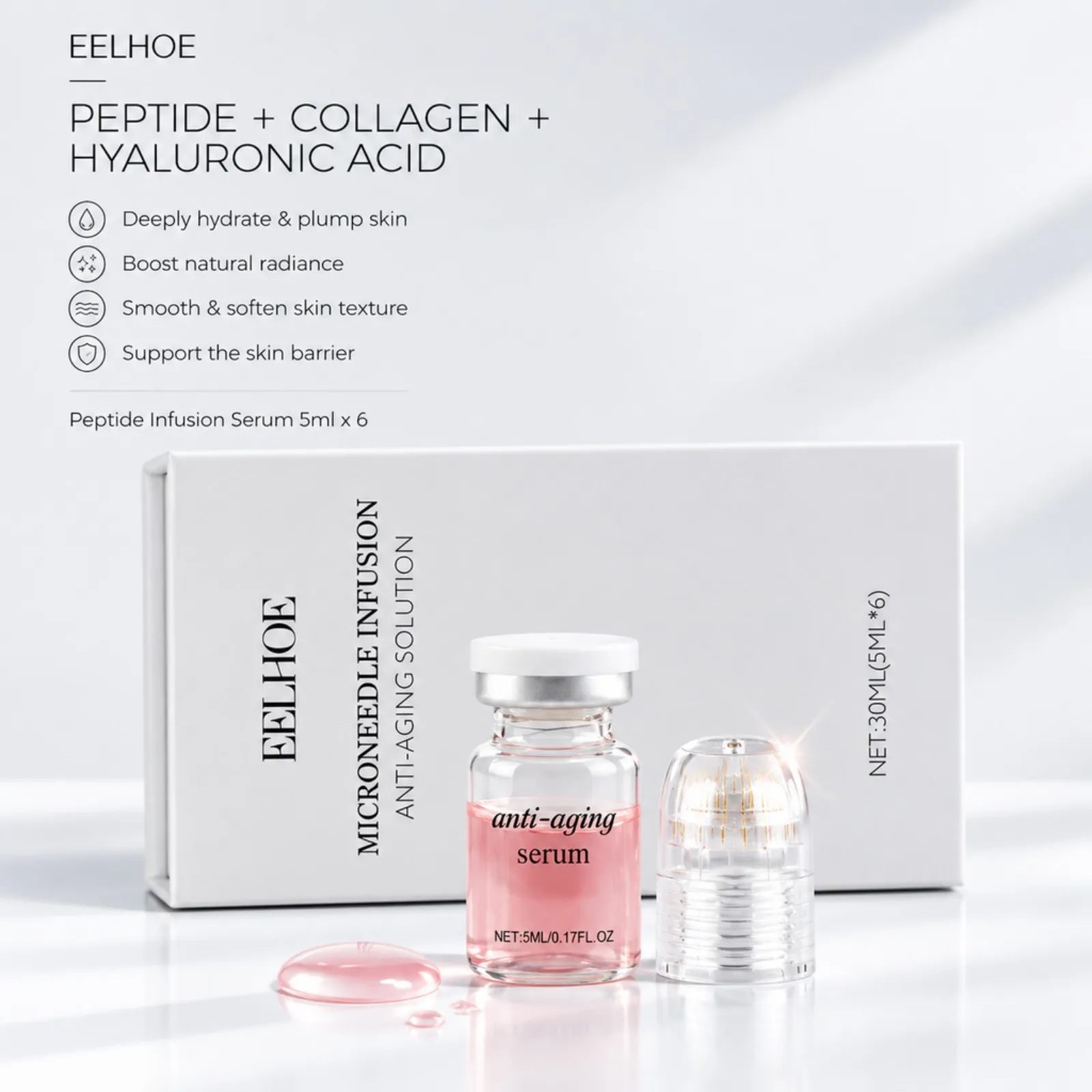 0.2mm Microneedle Serum Kit 6 Bottles Collagen Hyaluronic Acid Firming Smooth Fine Lines Facial Roller Home Beauty Care Set