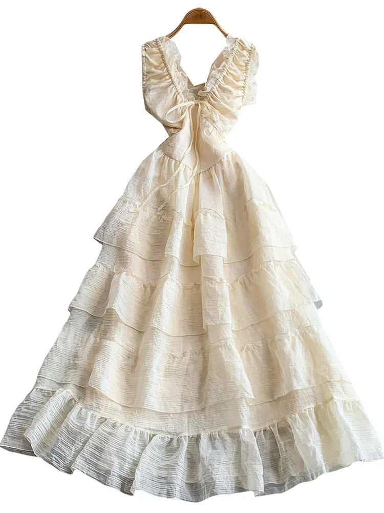 Pure Desire Dstring V-ne Svel feminino Dr Sweet Date cintura alta saia de renda em camadas linha A verão Dr