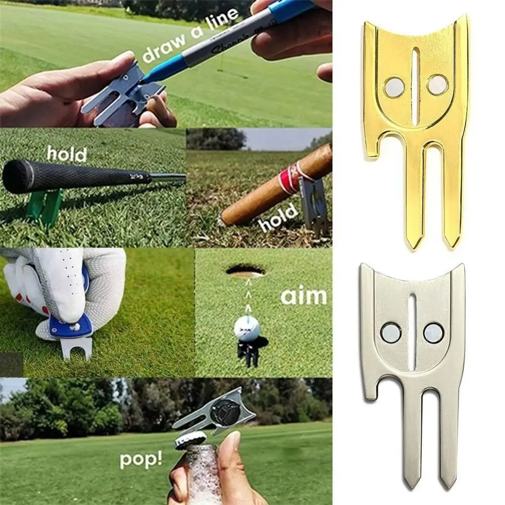 Strumento di Divot 6 in 1 in lega di zinco Aim strumento di riparazione Divot da Golf antiruggine portatile multifunzionale Golf Green Fork Golf Club