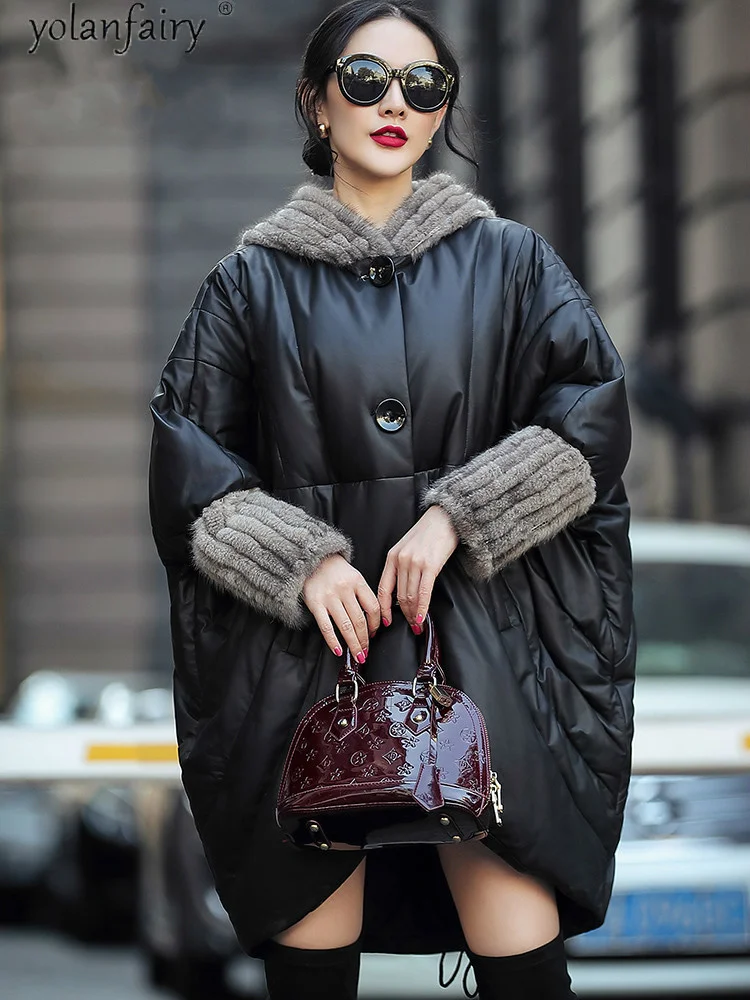 Chaqueta de piel auténtica para mujer, abrigo de piel de visón con cuello de piel de oveja, Parkas de plumón de pato de gran tamaño, 2023