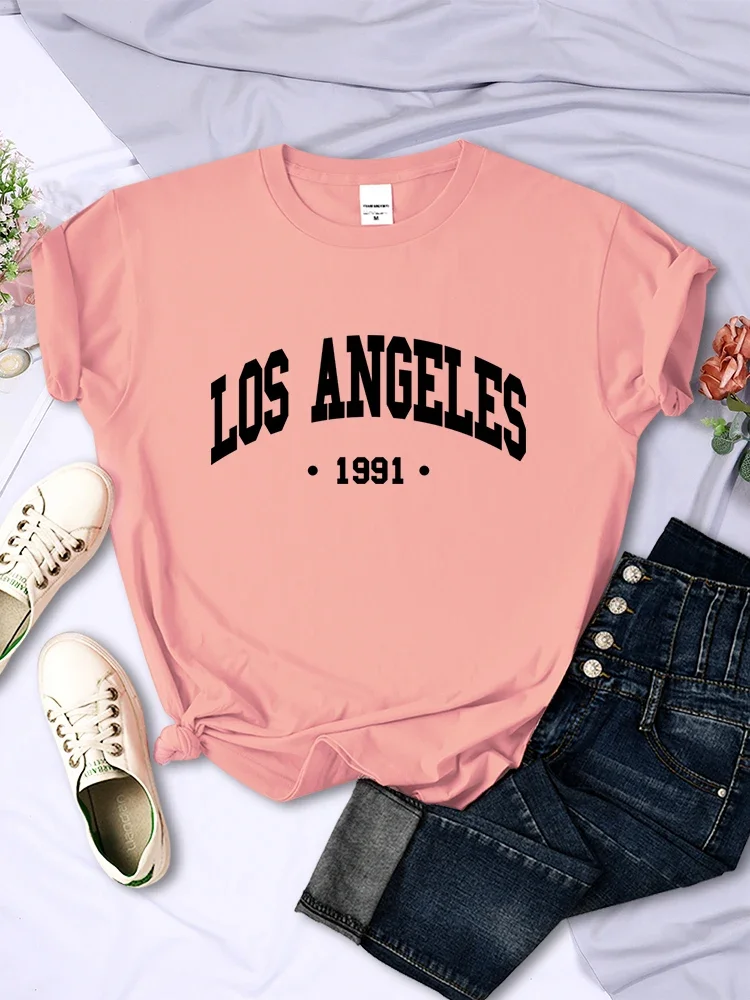 女性用半袖Tシャツ,都市レタリングプリントTシャツ,カジュアル,通気性,クール,都市,夏,ロサンゼルス,1991