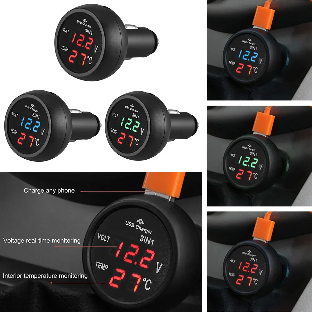 12/24V Car Volt Meter LED Digital Car Cigarette Lighter Voltmeter Thermometer USB Charger Car Battery Voltage Current Monitor