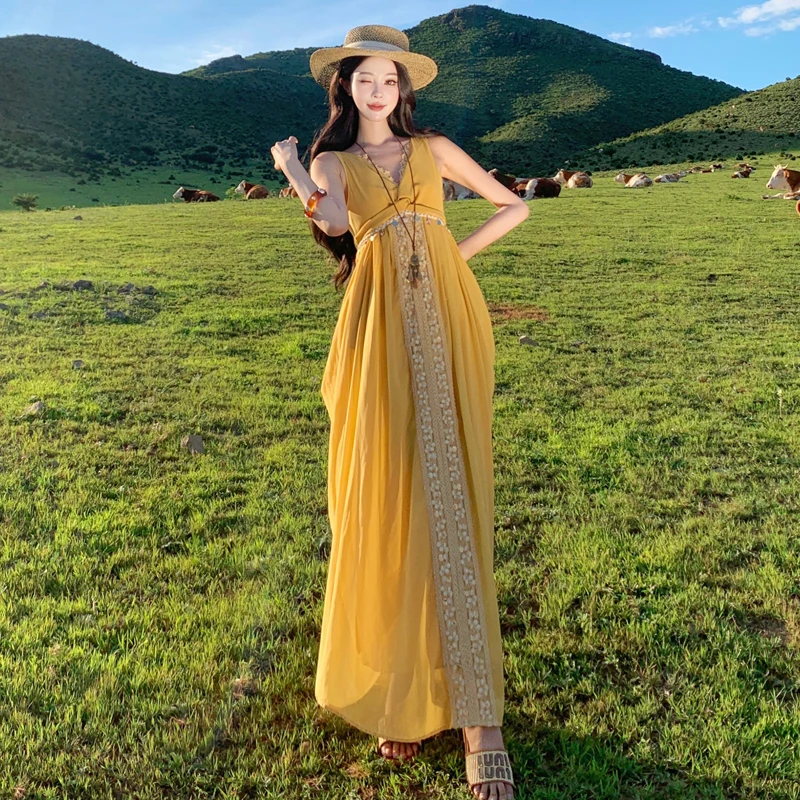 

Желтая вышитая свободная юбка макси с бисером Dr Bal для женщин: прохлада и комфорт для летних путешествий