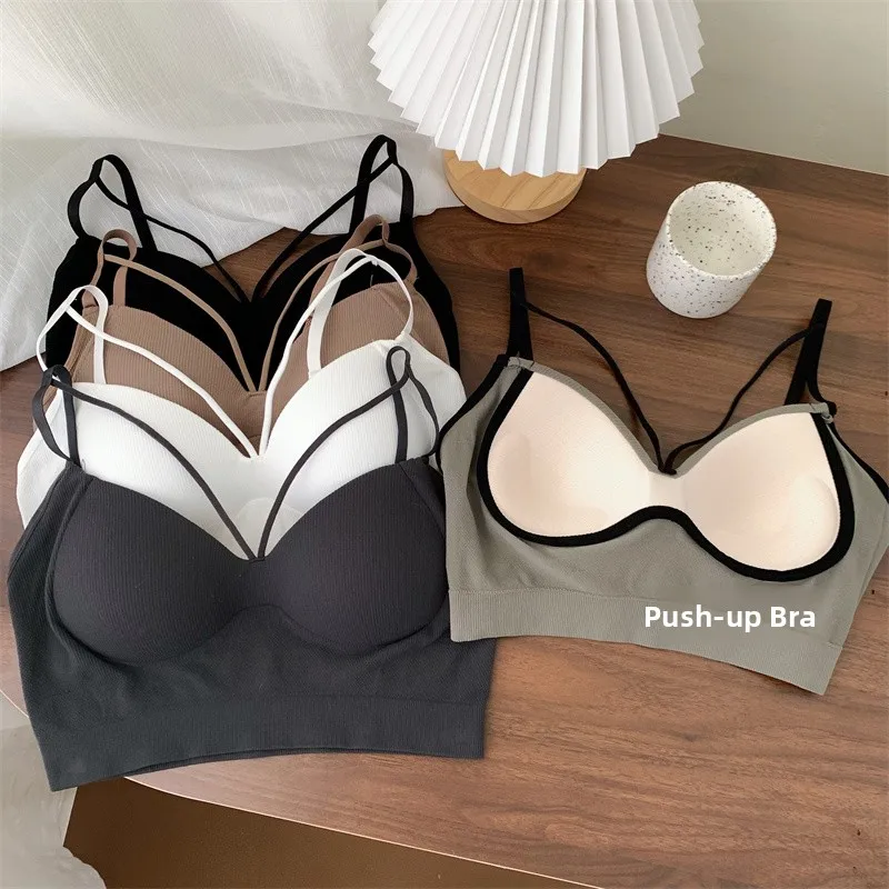 Sexy V-Neck Strap Vest Top Innerwear Outerwear Gathered Push-Up Design Bralette Short Length Nylon Spandex Blend Summer 