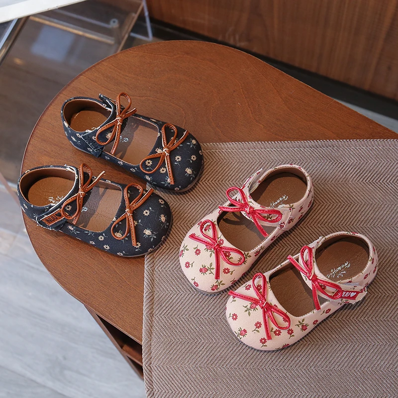 

2025 New Kids Floral Printing Leather Shoes for Girls Autumn Toddler Ballet Flats with Double Bow Soft Sole Retro School Shoes