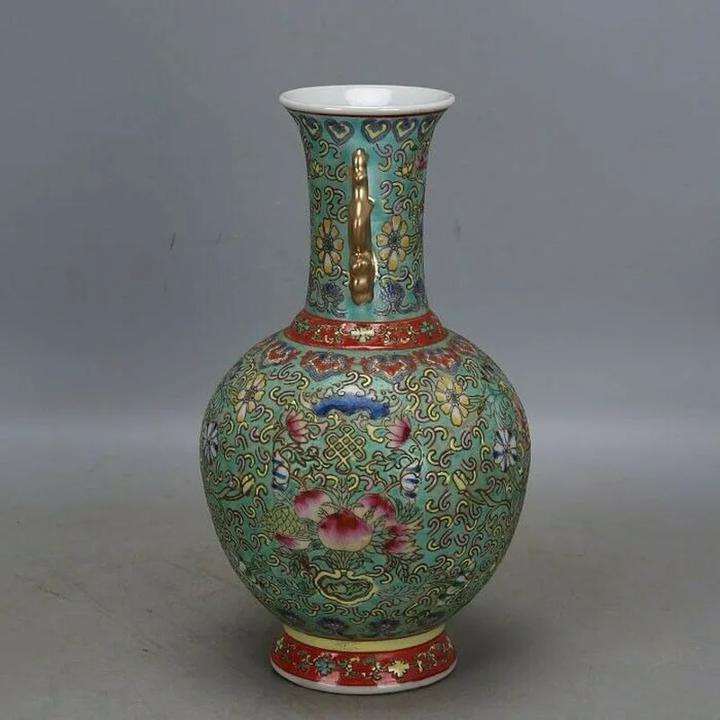 

9.96" Chinese Green Famille Rose Porcelain Qing Qianlong Flowers Peach Vase