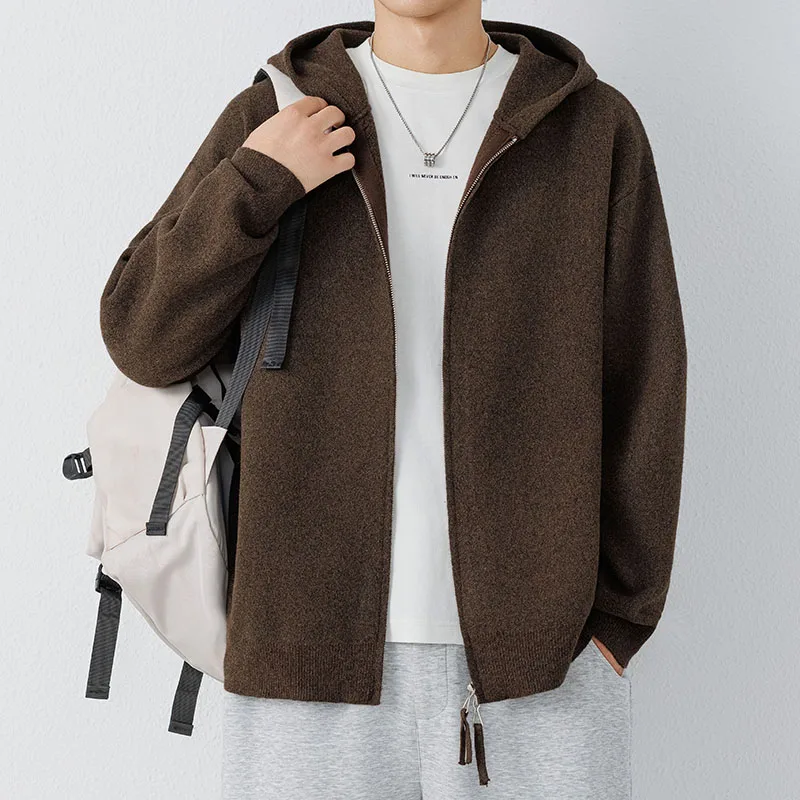 

Мужской вязаный кардиган-худи на двойной молнии, повседневный, осенний, новый, модный, из смесового полиэстера, немнущийся, с длинными рукавами