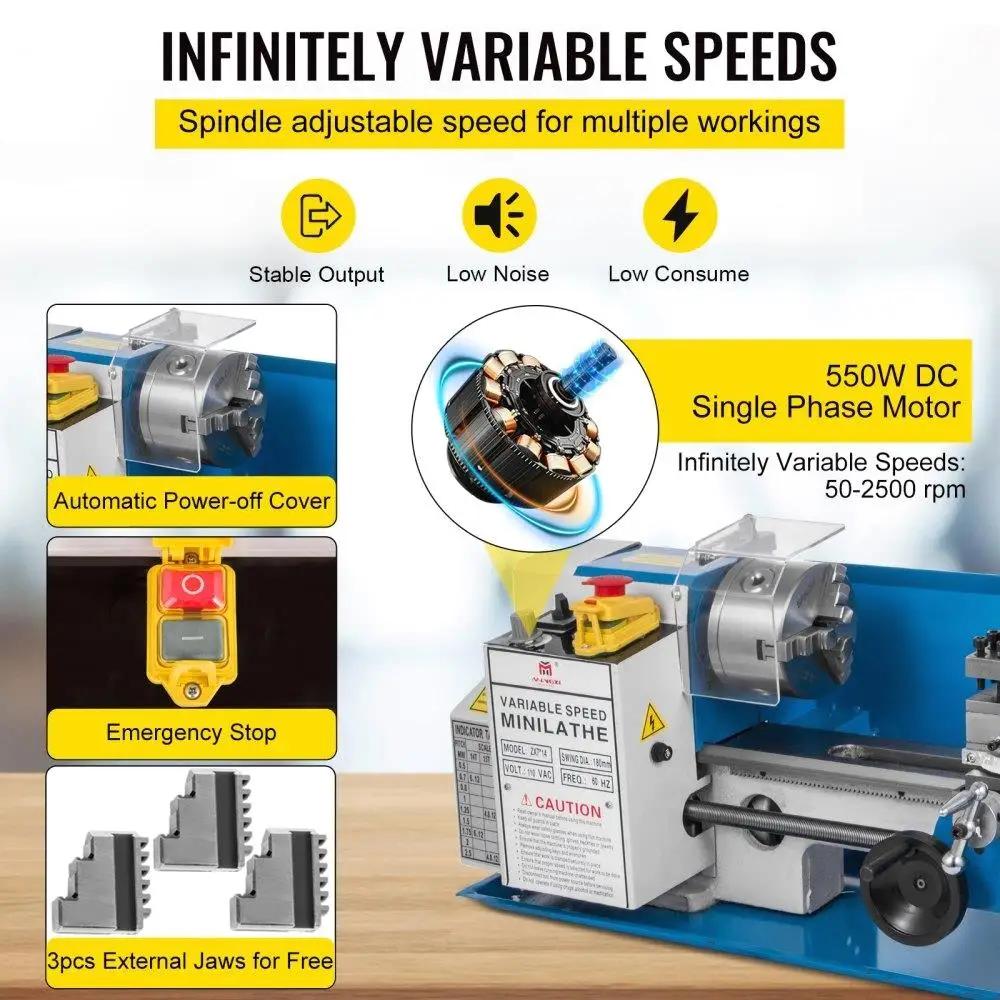 مخرطة معدنية صغيرة دقيقة مقعد علوي 7 × 14 بوصة 550 وات سرعة متغيرة 50-2500 دورة في الدقيقة ترس نايلون مع مصباح متحرك