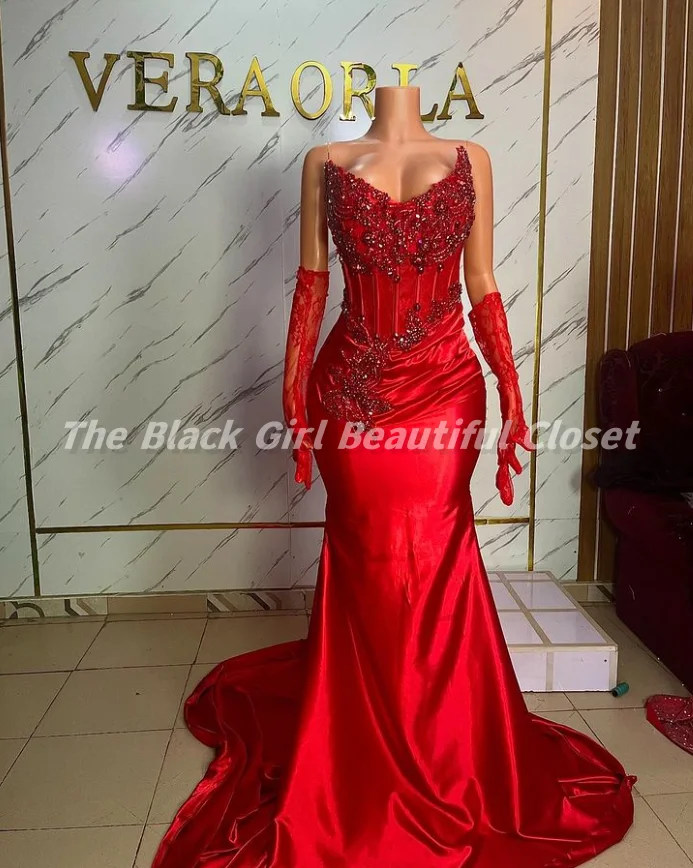 Sparkling Red Sheath Prom Gowns 2025 African Girls Taffeta Hollowed Out Diamond Beaded Lace Glove Tight Fishtail Long Dresses