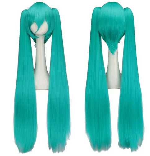 Synthetic Hair Miku Cosplay Long Wig Green Heat Resistant Party Wigs with 2 Clip Ponytails Wigs