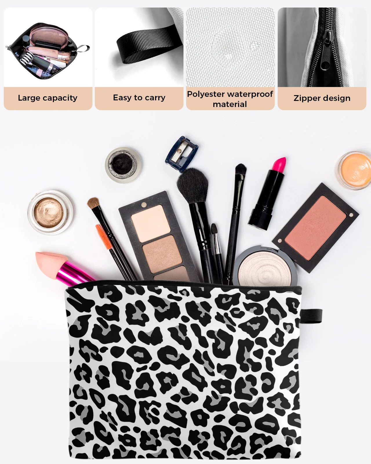 Black White Leopard Skin Texture Makeup Bag Pouch Travel Essentials Women Cosmetic Bags Toilet Organizer Storage Pencil Case