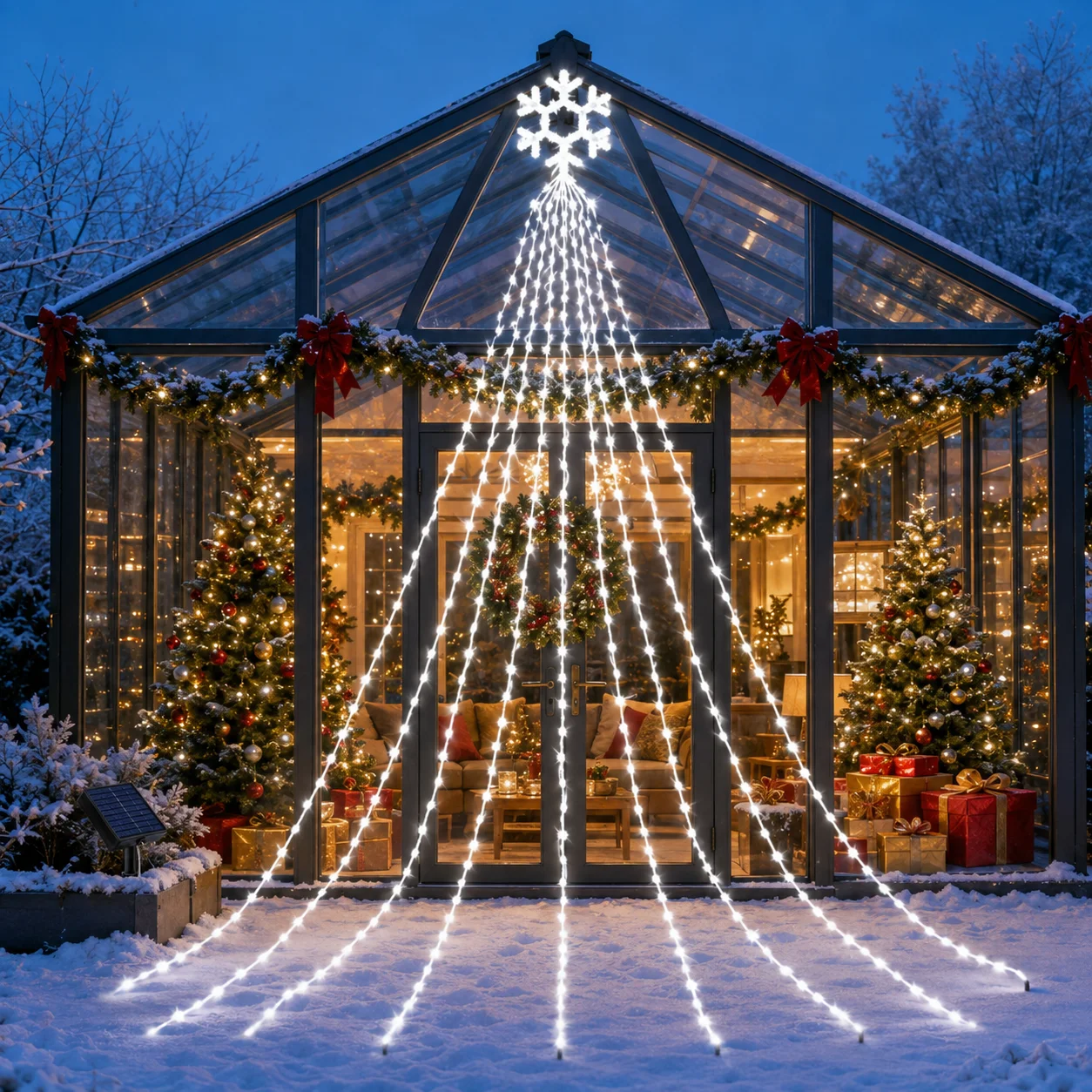 2pcs Solar Snowflake Waterfall Lights 200LED 8 Flashing Modes Christmas Tree Garden Holiday Outdoor Decoration